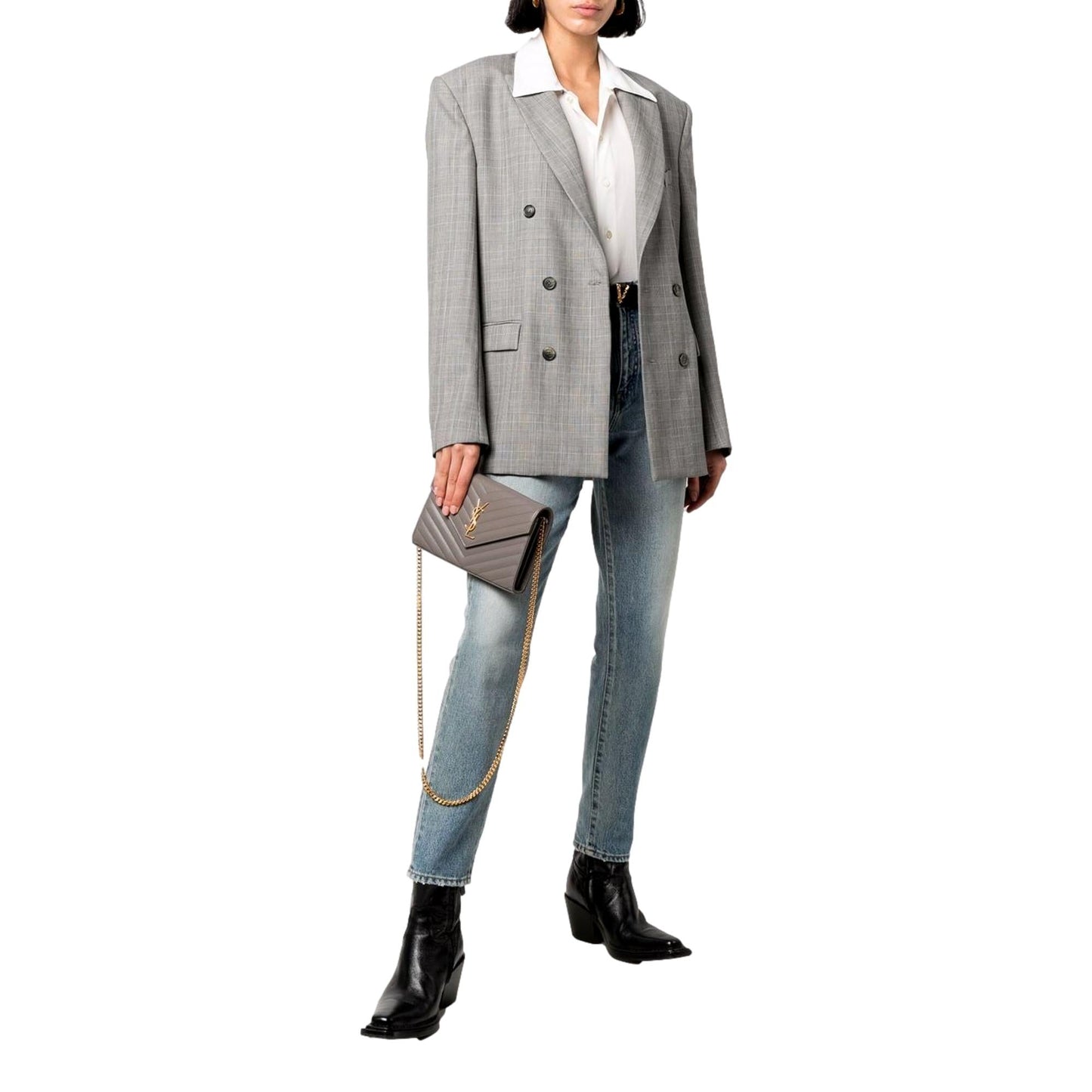 Saint Laurent Cassandre Grey Grain De Poudre Leather Chain Wallet Crossbody Bag