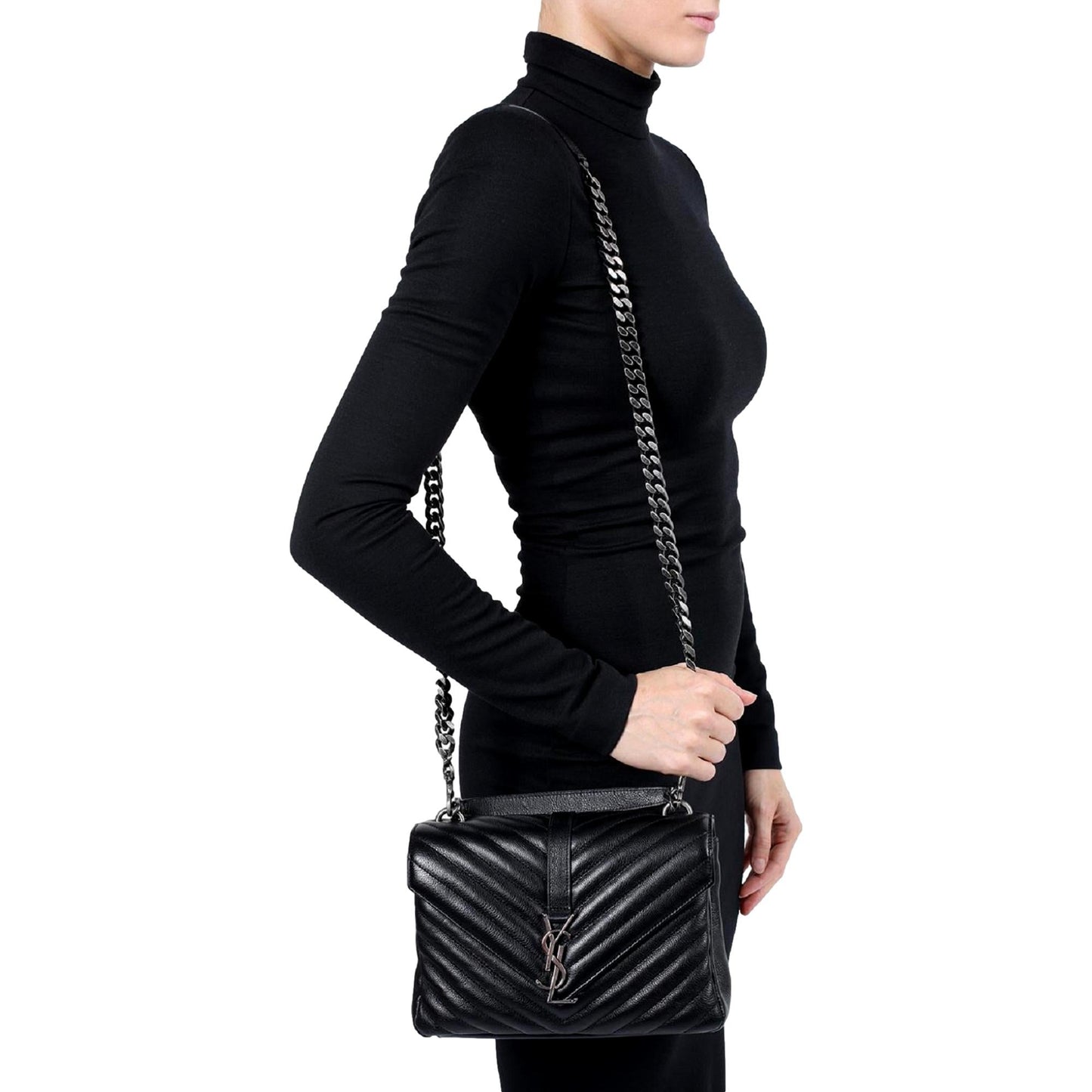 Saint Laurent Grain de Poudre Y Quilted Monogram Small Loulou Chain Satchel Black