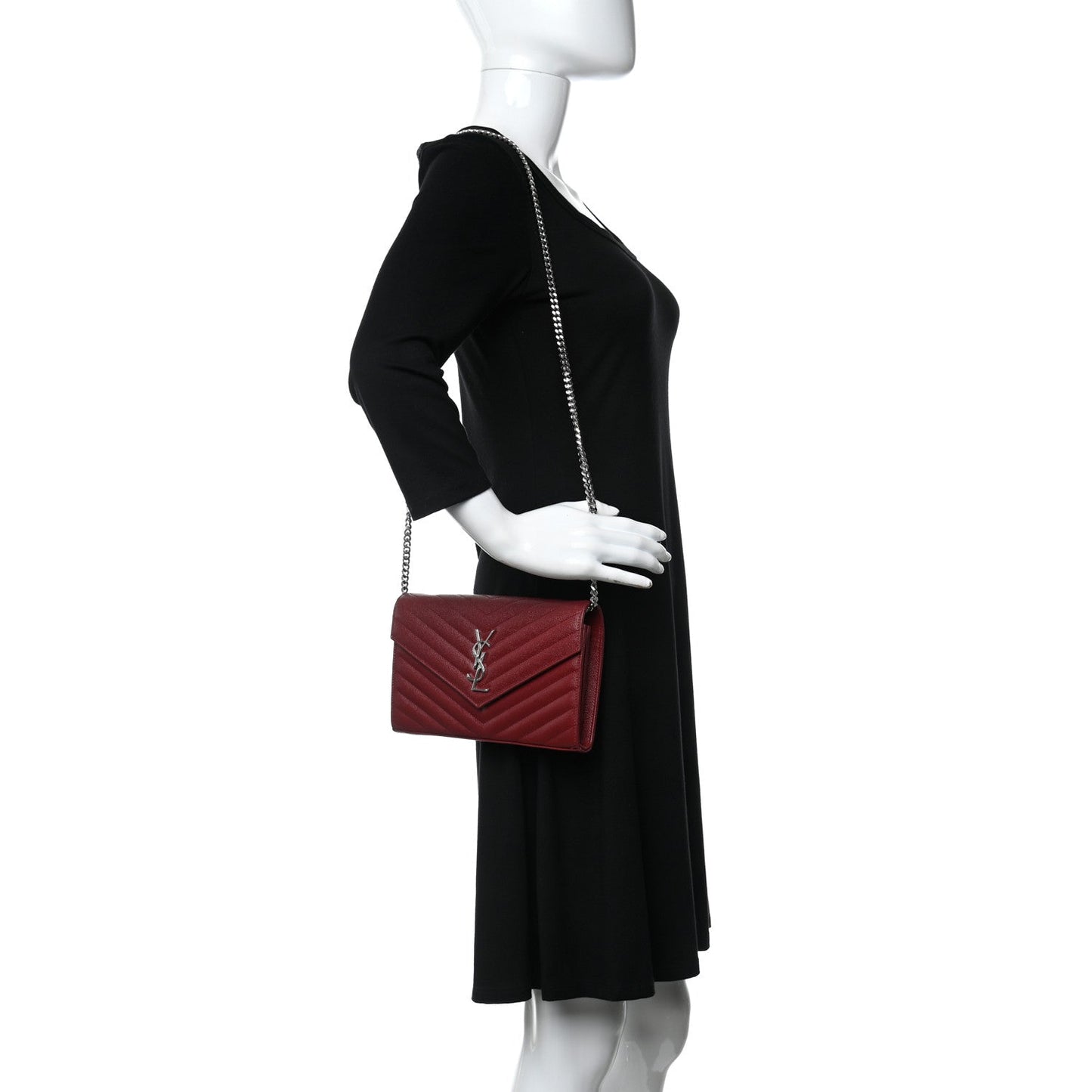 Saint Laurent Monogram Chain Wallet Grain de Poudre Leather Red Bag 377828