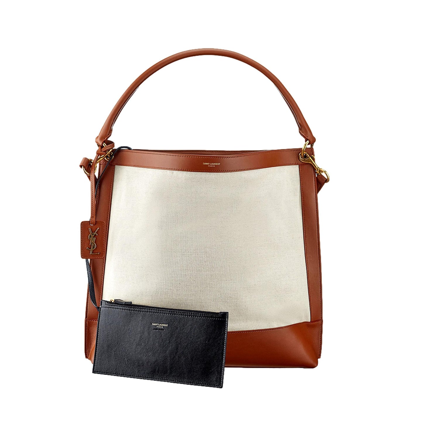 Saint Laurent Monogram Tag Canvas and Brown Leather Trim Hobo Bag