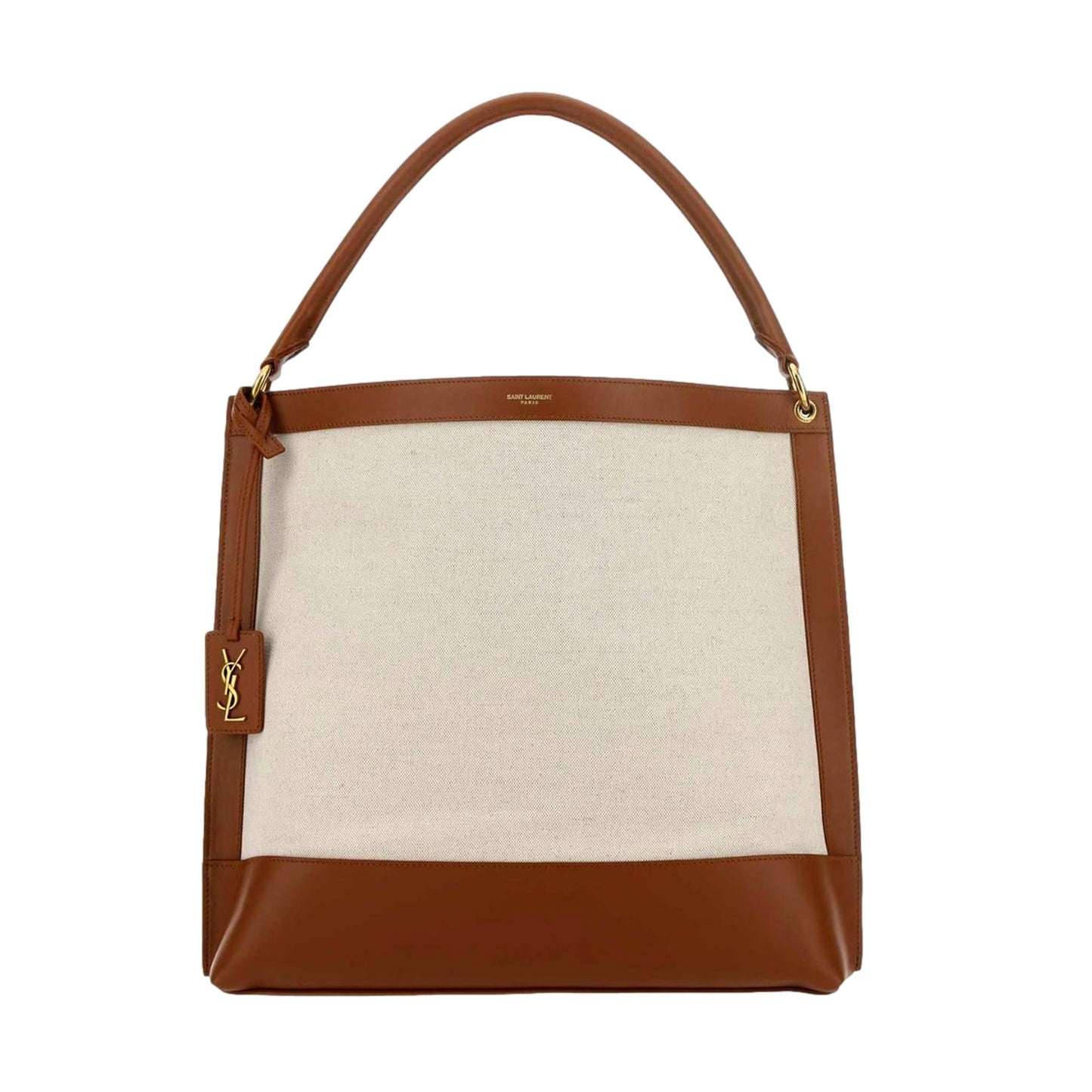 Saint Laurent Monogram Tag Canvas and Brown Leather Trim Hobo Bag