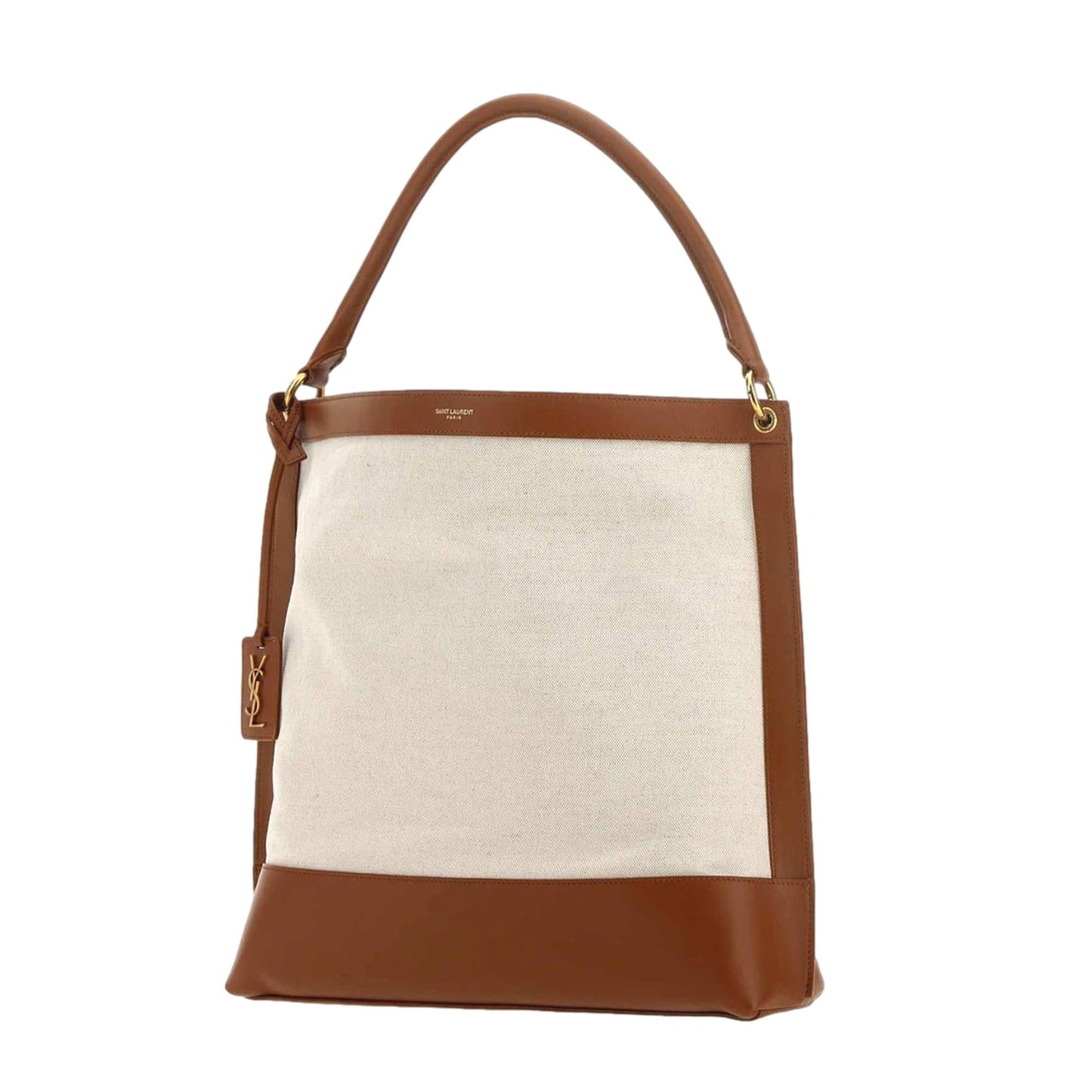 Saint Laurent Monogram Tag Canvas and Brown Leather Trim Hobo Bag