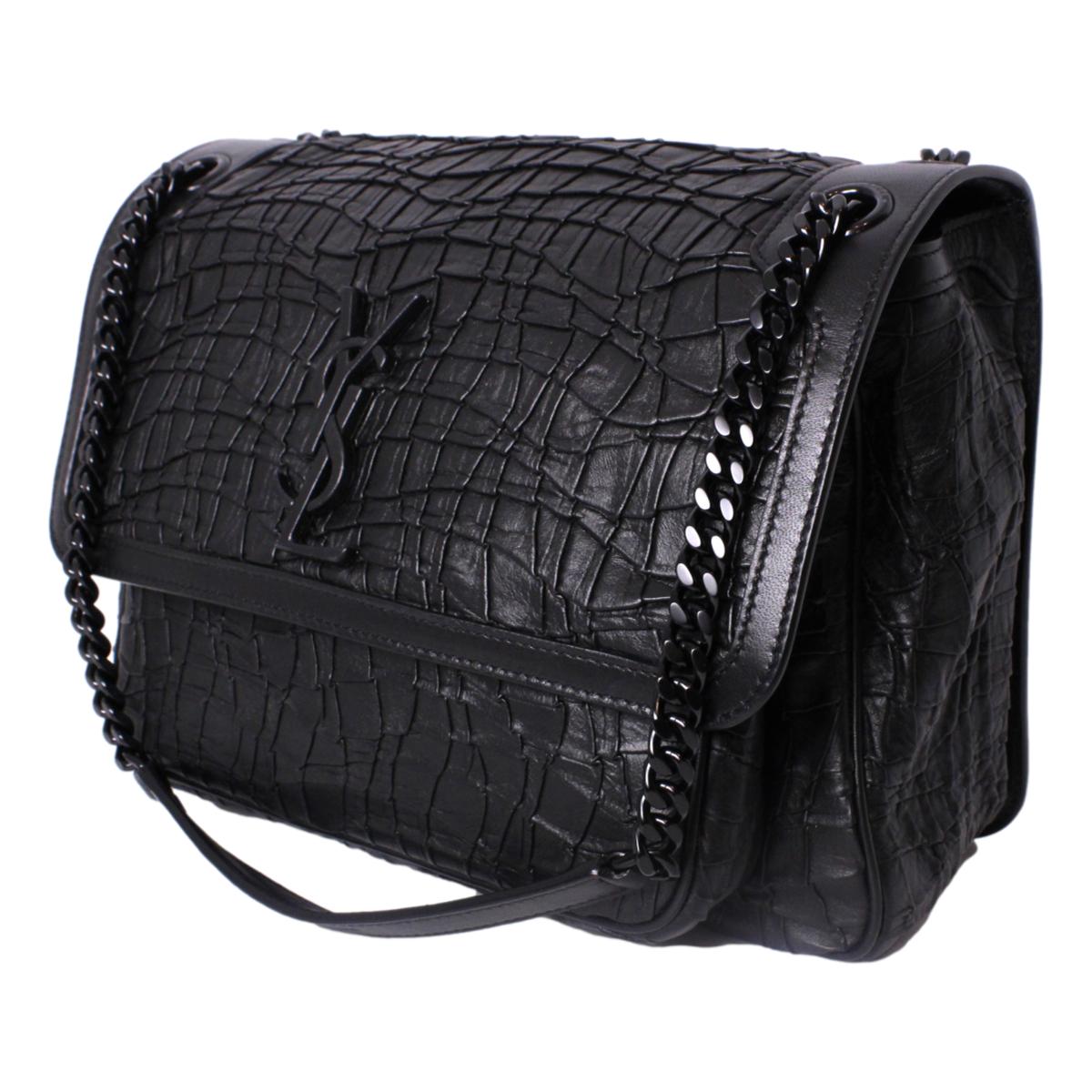 Saint Laurent Niki Medium Crocodile Embossed Leather Black Satchel Bag 498894
