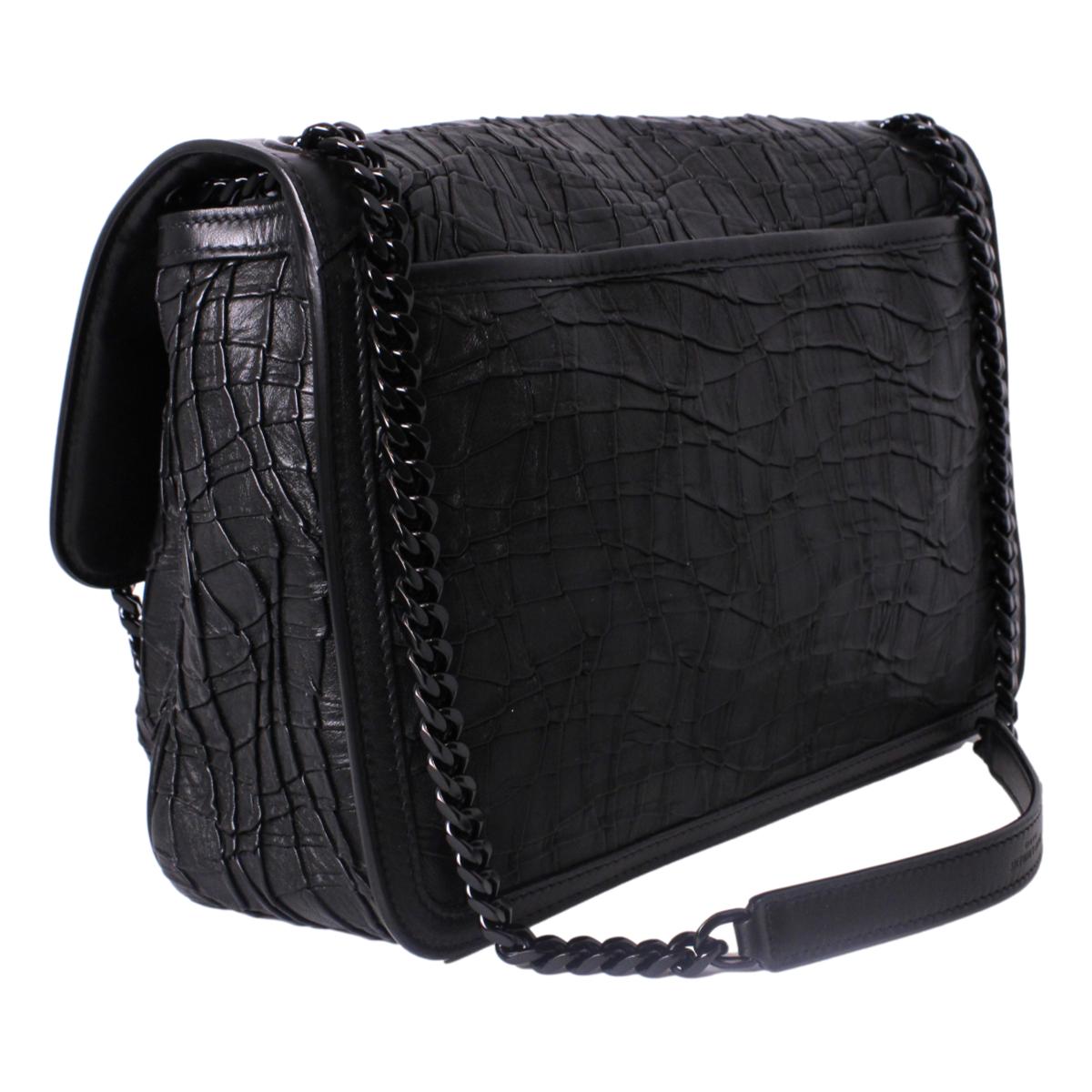 Saint Laurent Niki Medium Crocodile Embossed Leather Black Satchel Bag 498894