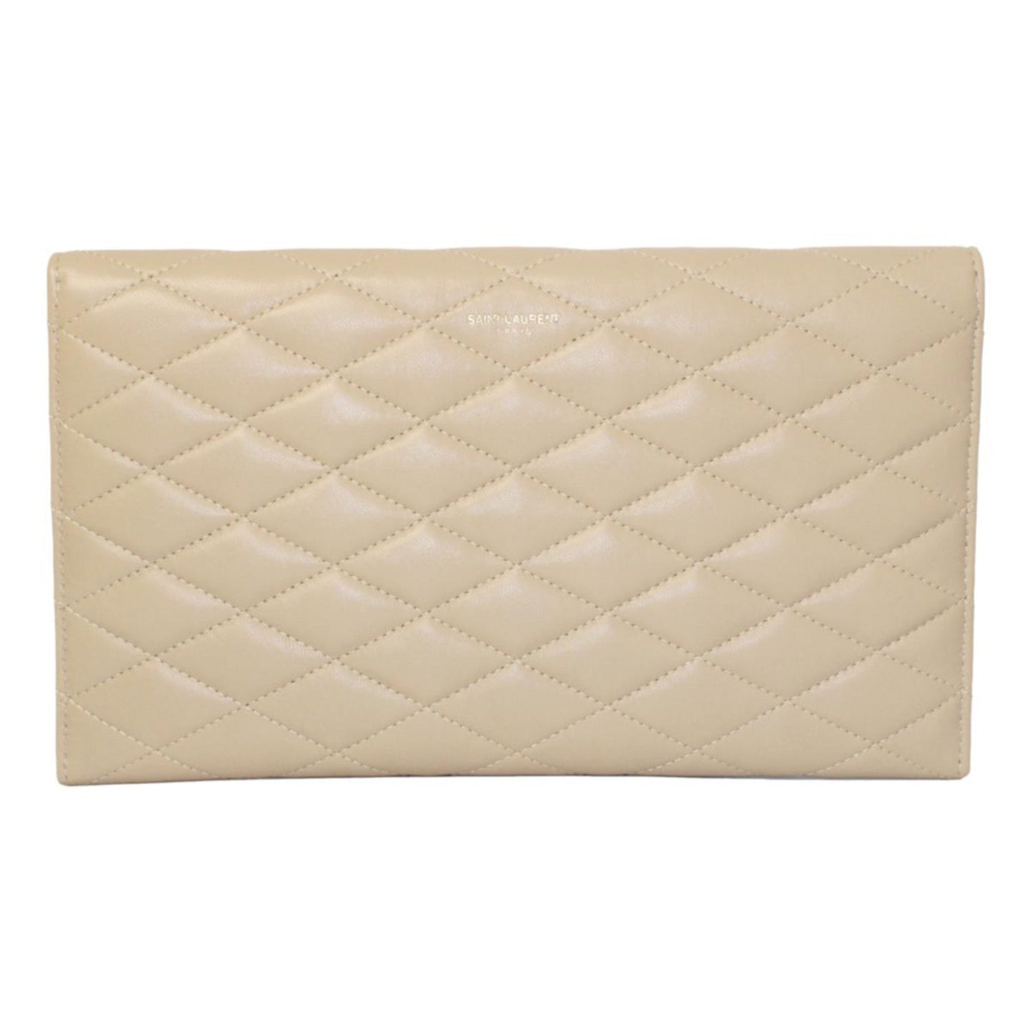Saint Laurent Sade Logo Beige Leather Quilted Pouch Clutch Bag