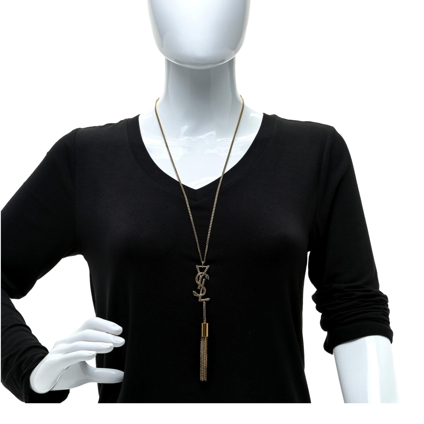 Saint Laurent Serpent Monogram Logo Tassel Gold Brass Chain Necklace