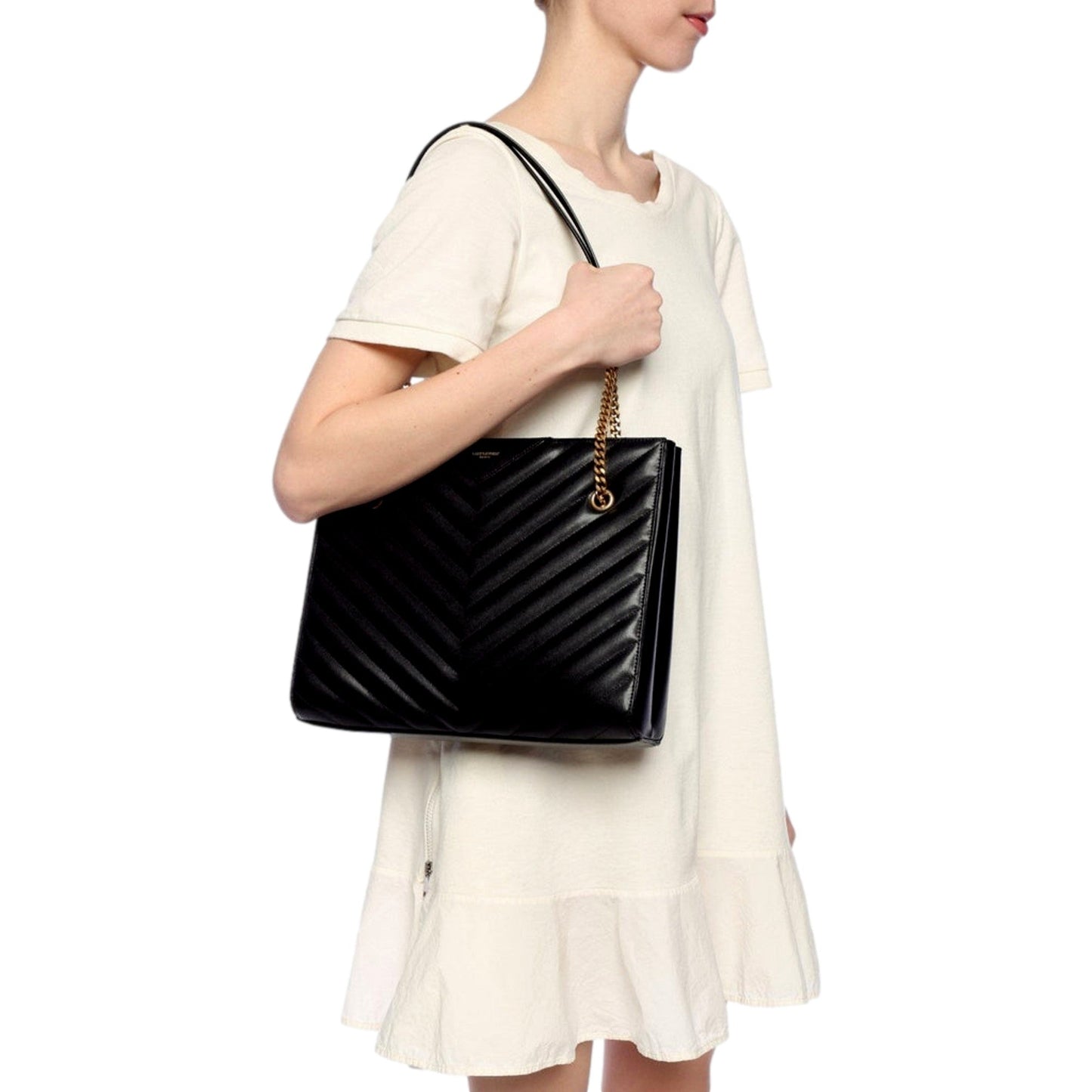 Saint Laurent Tribeca Grain de Poudre Black Quilted Chain Tote