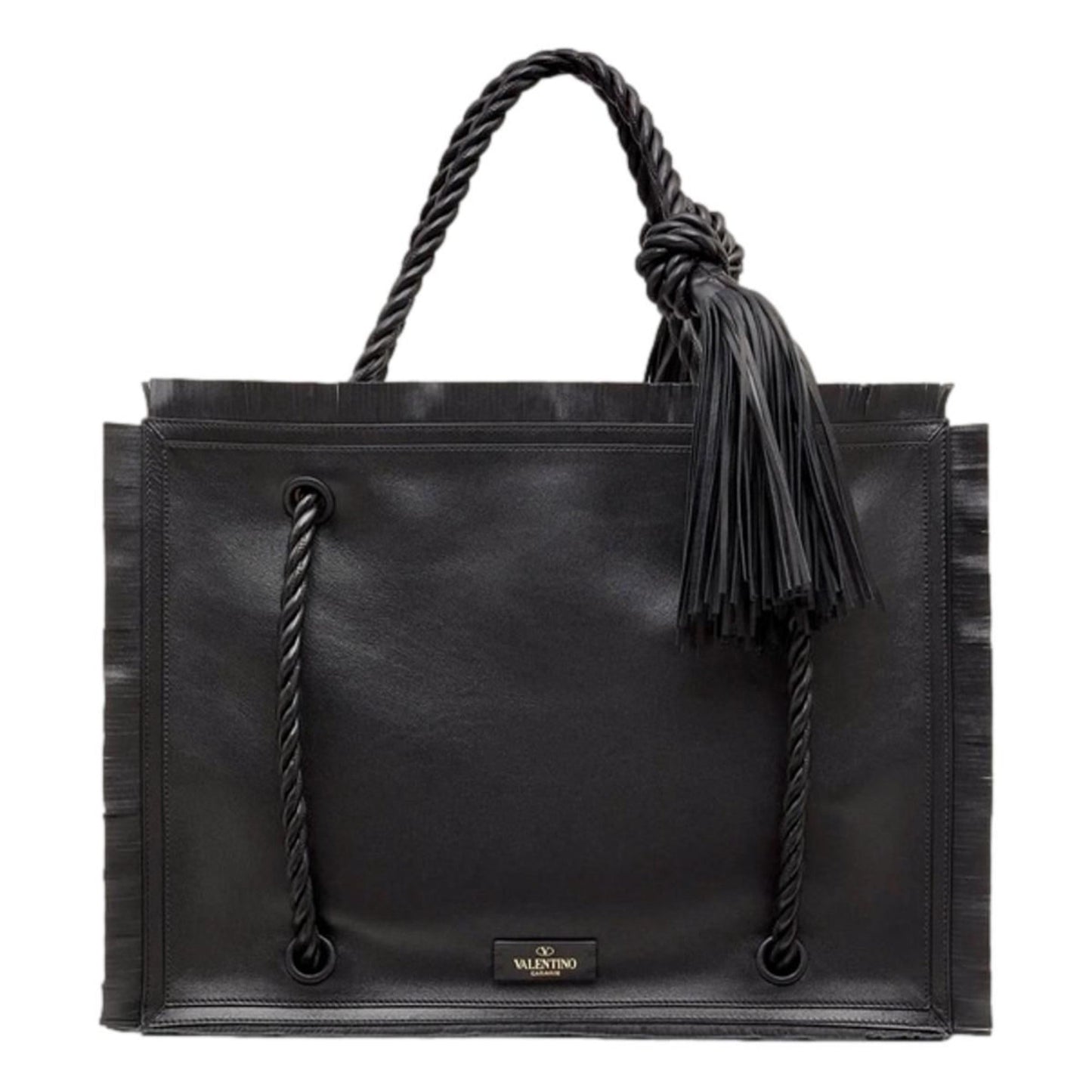 Valentino Garavani The Rope Large Fringe Black Leather Tote Bag