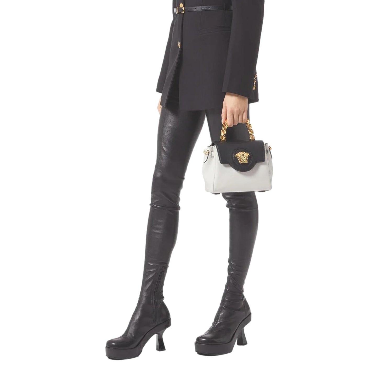 Versace La Medusa Black and White Calf Leather Satchel Crossbody Bag