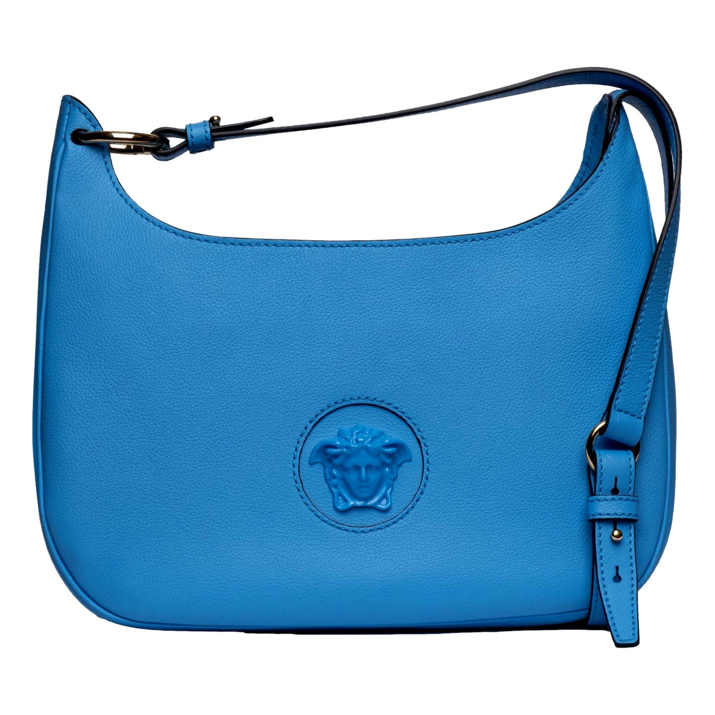 Versace La Medusa Blue Pebbled Leather Medium Hobo Bag 1000699