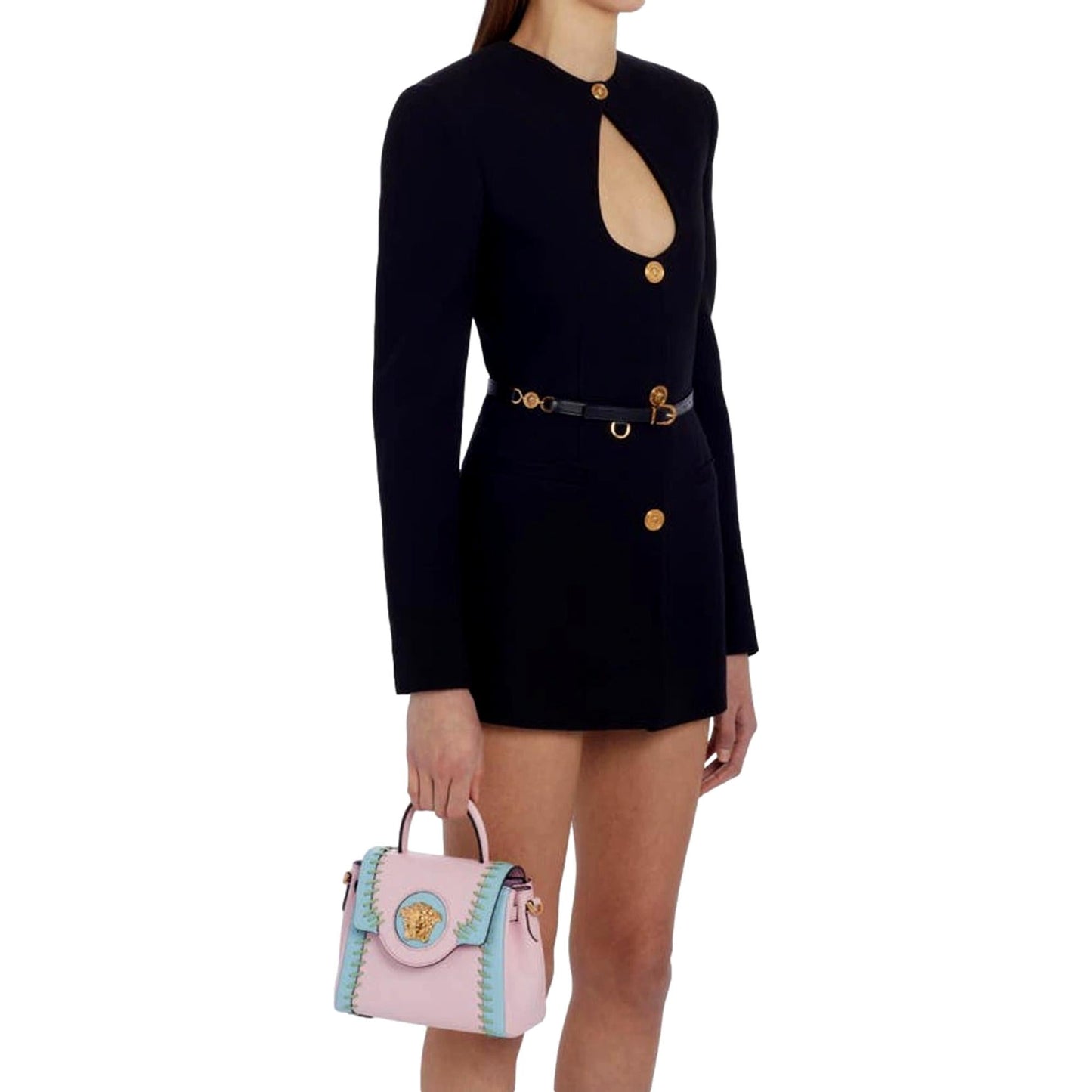 Versace La Medusa Whipstitch Pink and Blue Leather Top Handle Bag