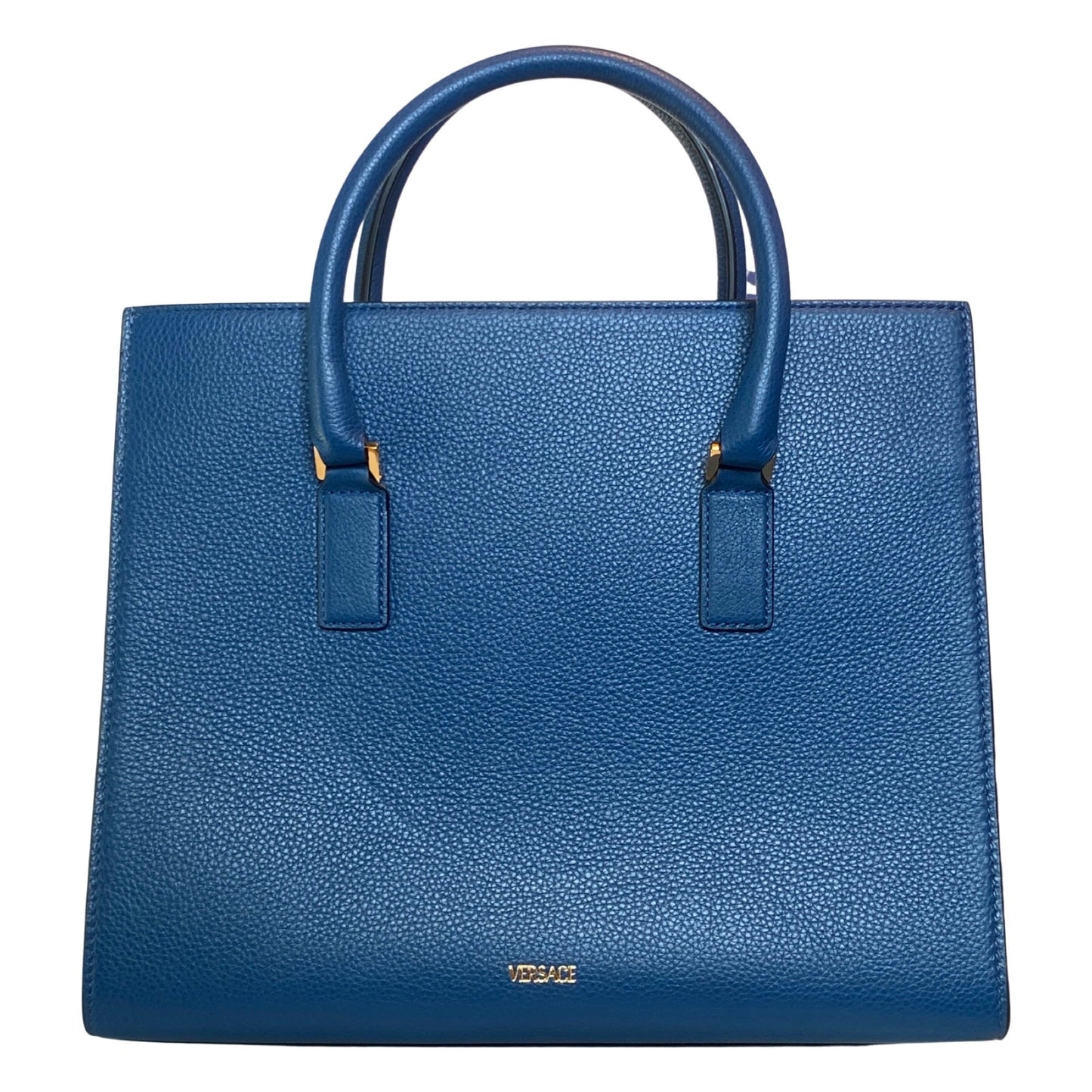 Versace Virtus Cornflower and Navy Leather Large Top Handle Bag