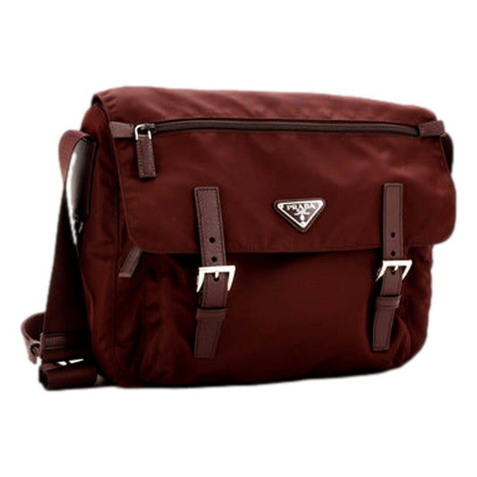 Prada Double Buckle Flap Messenger Bag Tessuto Nylon Large Burgundy Red