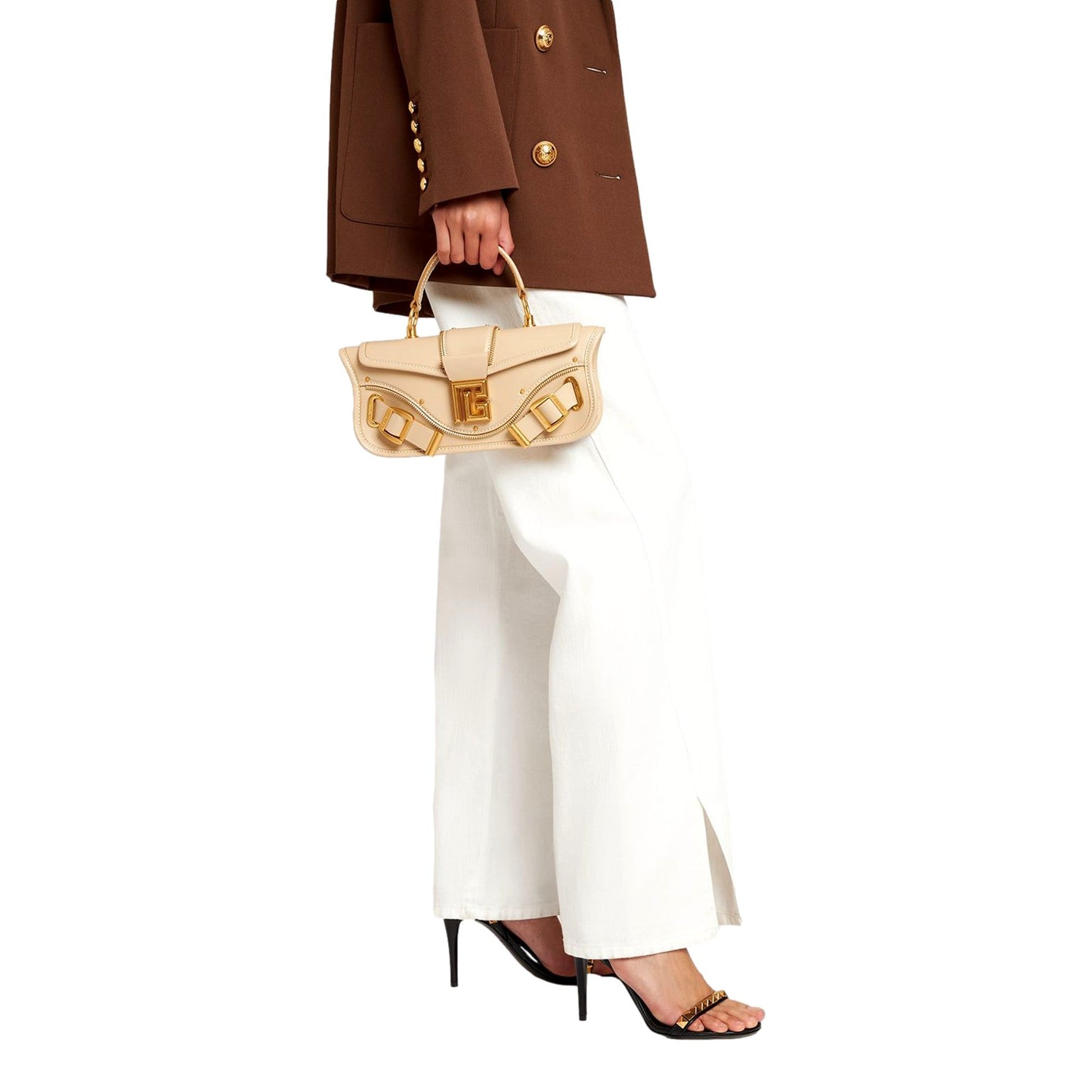 Balmain Blaze Beige Calf Leather Baguette Top Handle Crossbody Bag