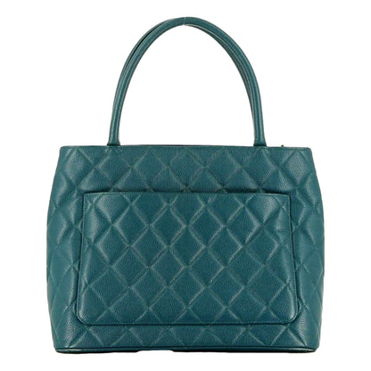 Chanel Caviar Leather CC Medallion Tote Bag Teal Blue