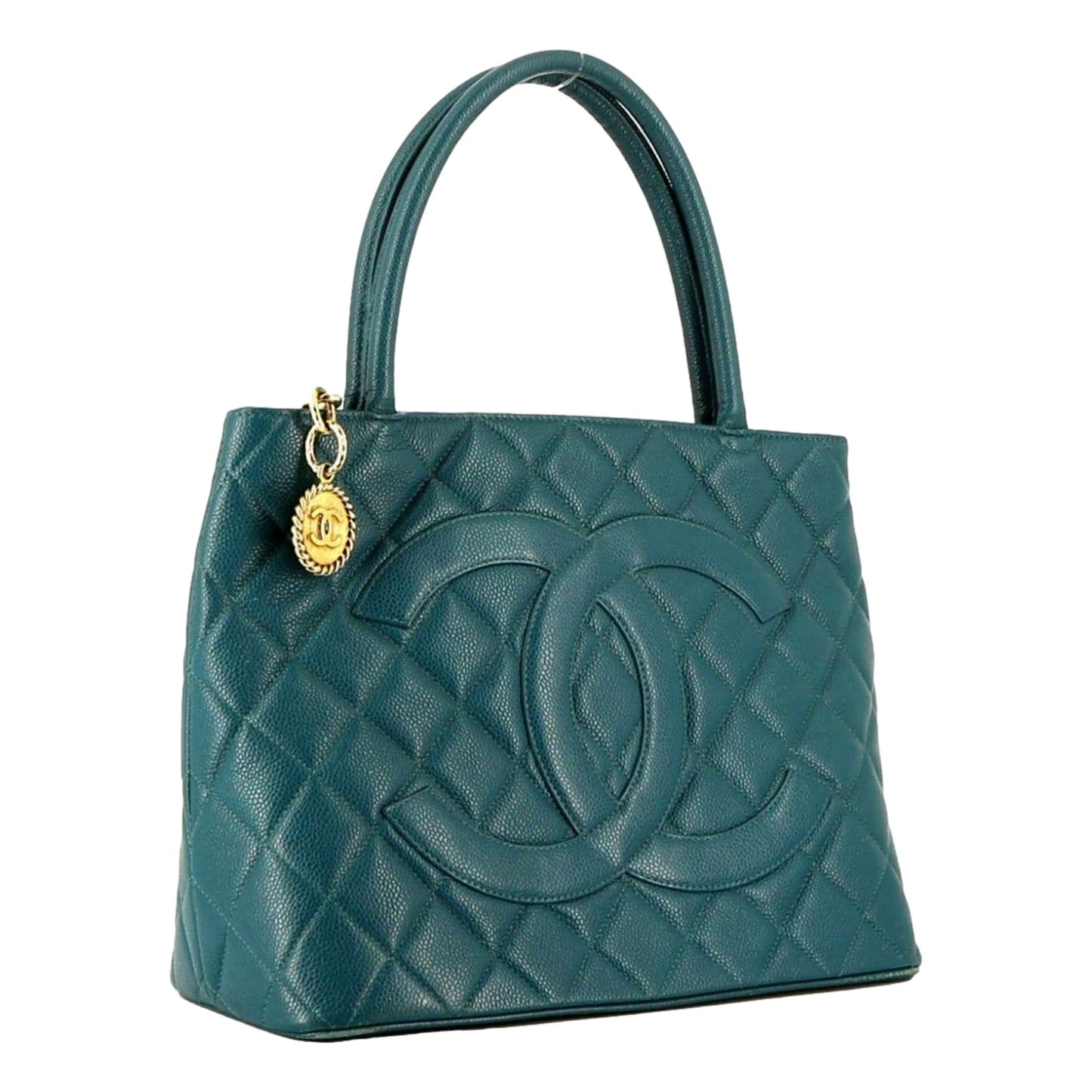 Chanel Caviar Leather CC Medallion Tote Bag Teal Blue