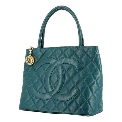 Chanel Caviar Leather CC Medallion Tote Bag Teal Blue