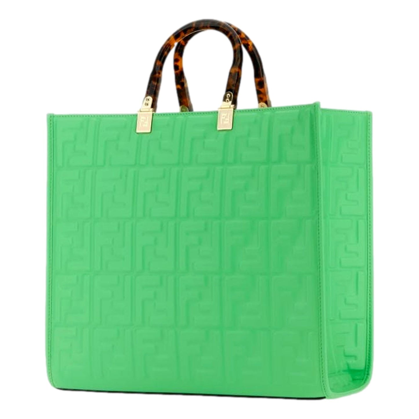 Fendi Sunshine Medium Plexi FF Embossed Leather Tote Edamame Green