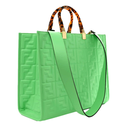 Fendi Sunshine Medium Plexi FF Embossed Leather Tote Edamame Green