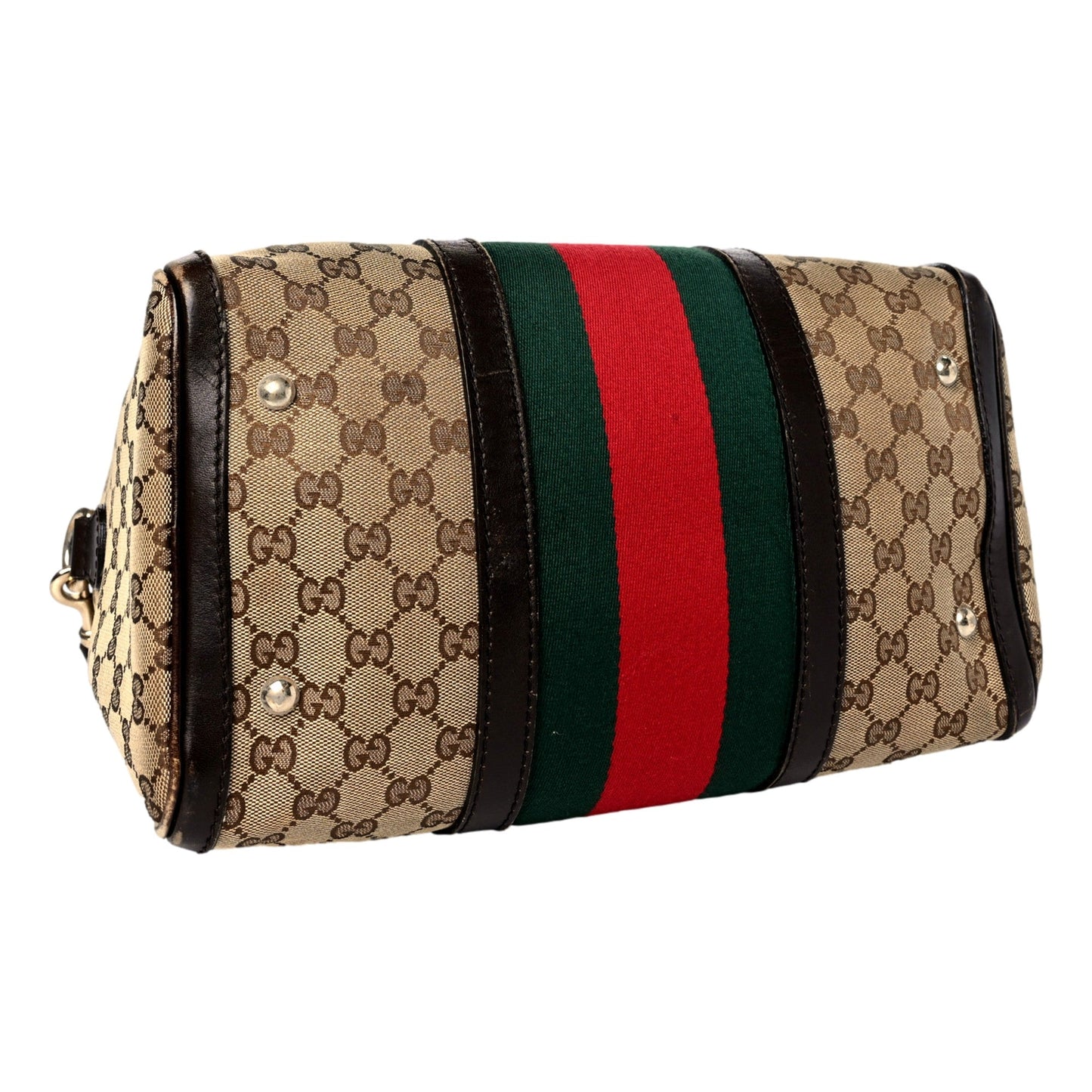 Gucci GG Beige Ebony Cocoa Web Stripe Boston Brown Leather Satchel Handbag