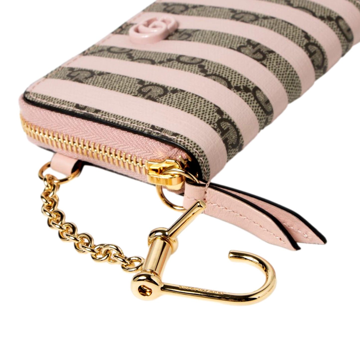 Gucci GG Monogram Canvas Pink Stripes Zip Around Compact Wallet