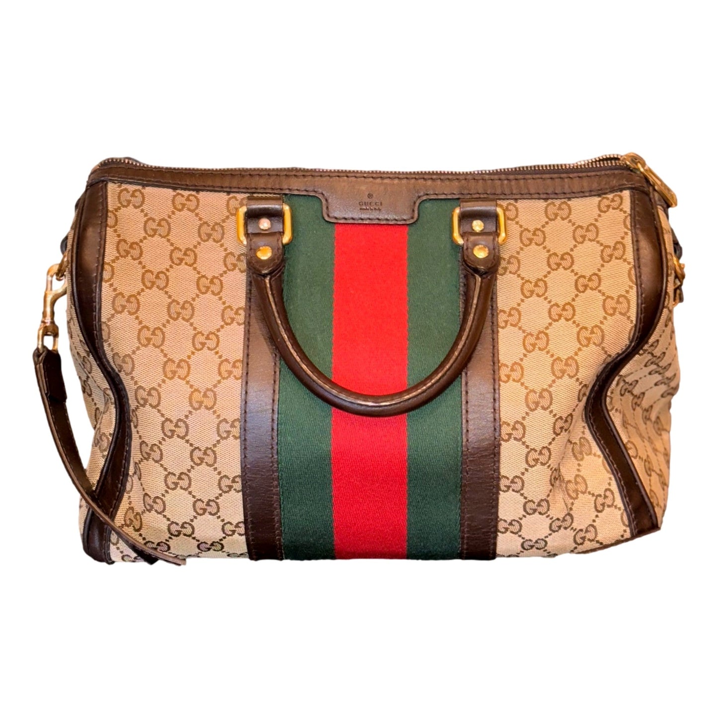 Gucci GG Beige Ebony Cocoa Web Stripe Boston Brown Leather Satchel Handbag