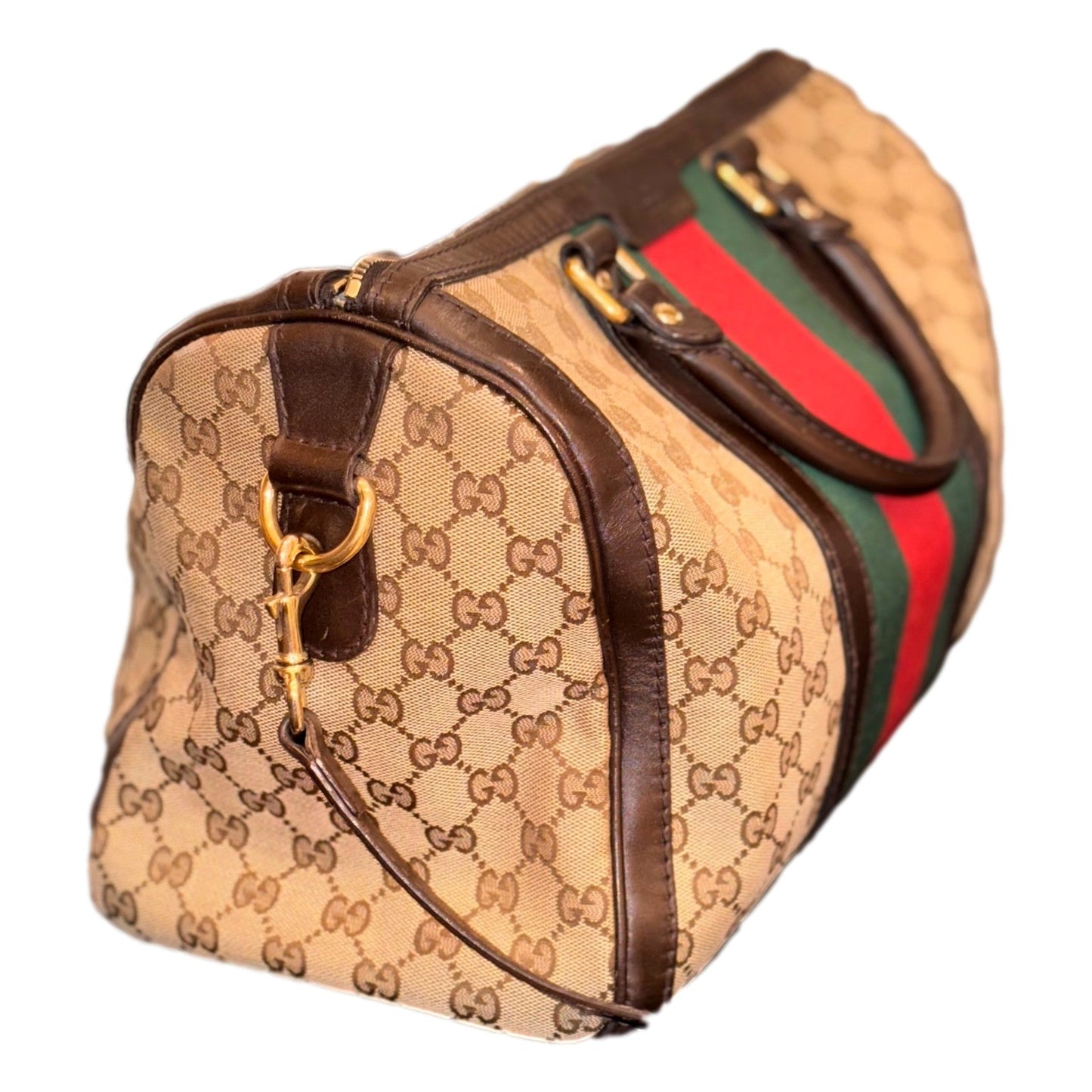 Gucci GG Beige Ebony Cocoa Web Stripe Boston Brown Leather Satchel Handbag