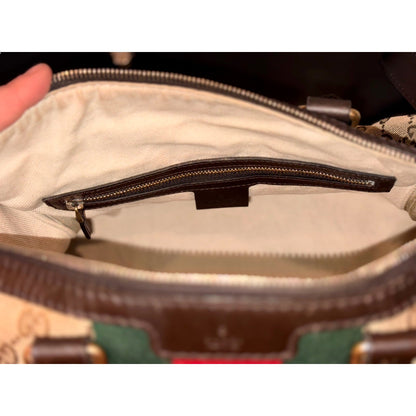 Gucci GG Beige Ebony Cocoa Web Stripe Boston Brown Leather Satchel Handbag