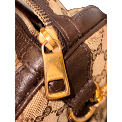 Gucci GG Beige Ebony Cocoa Web Stripe Boston Brown Leather Satchel Handbag