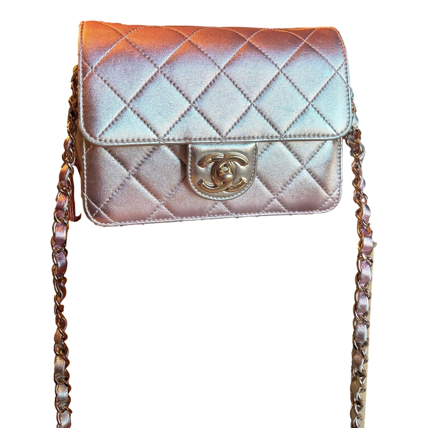 Chanel Mini Flap Bag in Iridescent Pink & Silver Metallic Lambskin