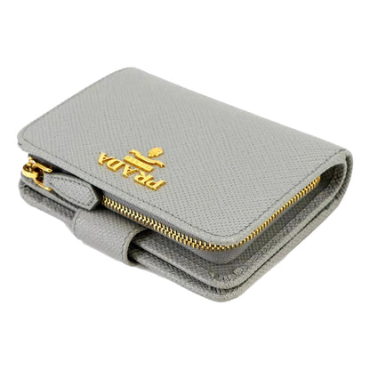 Prada Saffiano Leather Small Wallet with Zipper Nube Grey Metal Logo
