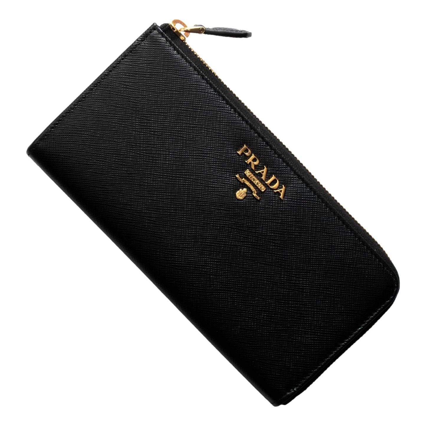 Prada Saffiano Long Continental Zip Wallet Black Leather Gold Logo