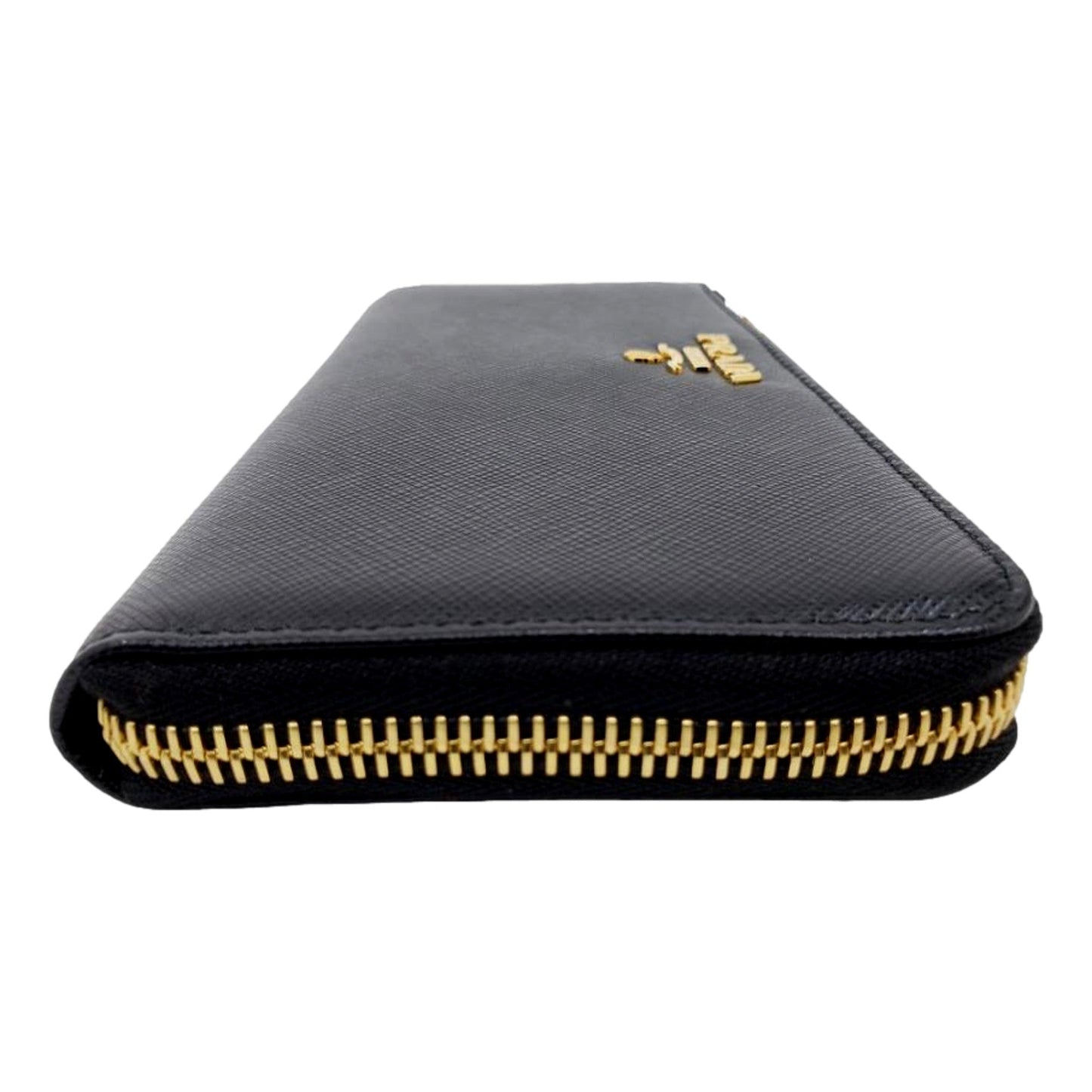 Prada Saffiano Long Continental Zip Wallet Black Leather Gold Logo