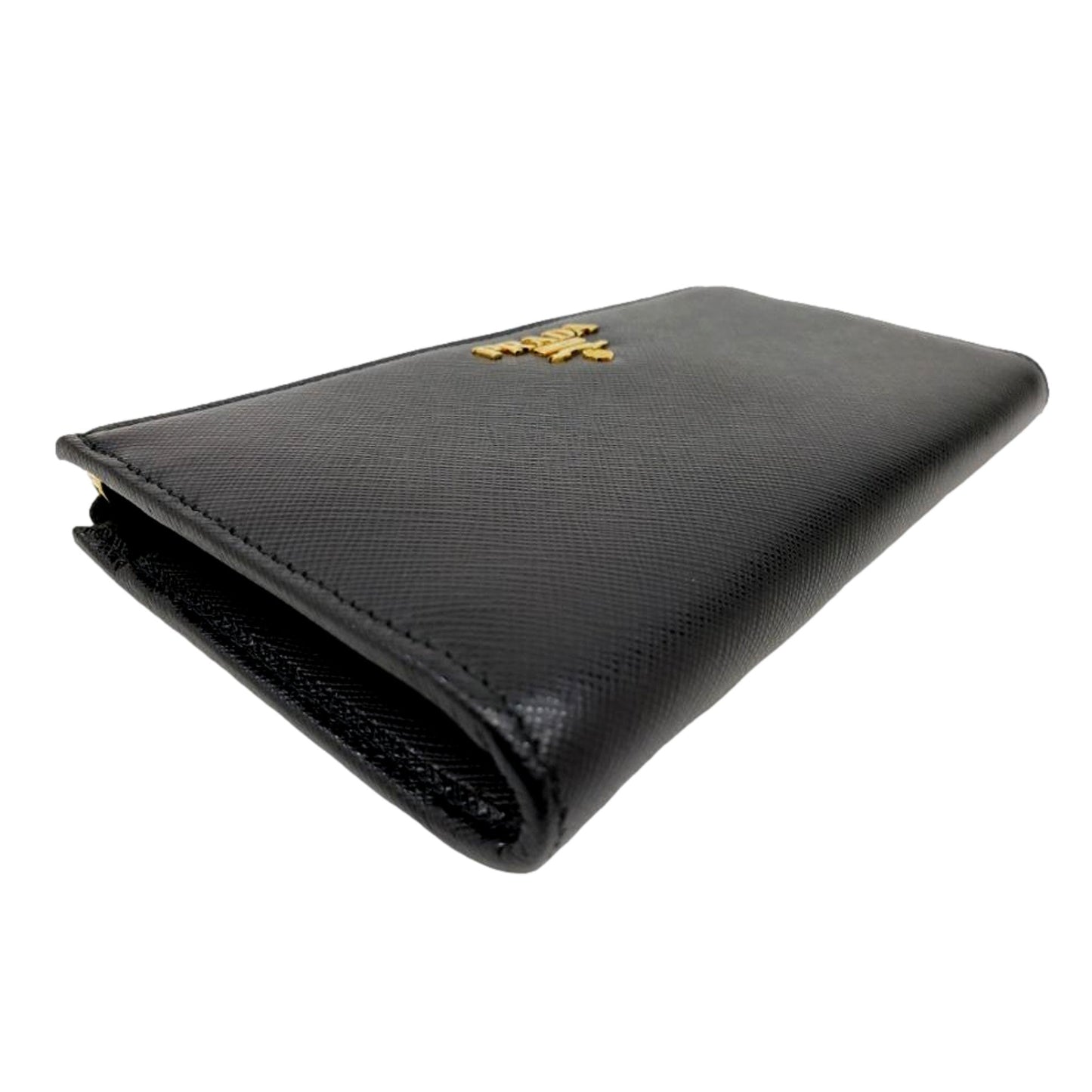 Prada Saffiano Long Continental Zip Wallet Black Leather Gold Logo