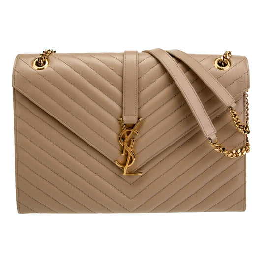 Saint Laurent Monogram Envelope Chevron Beige Large Satchel Bag
