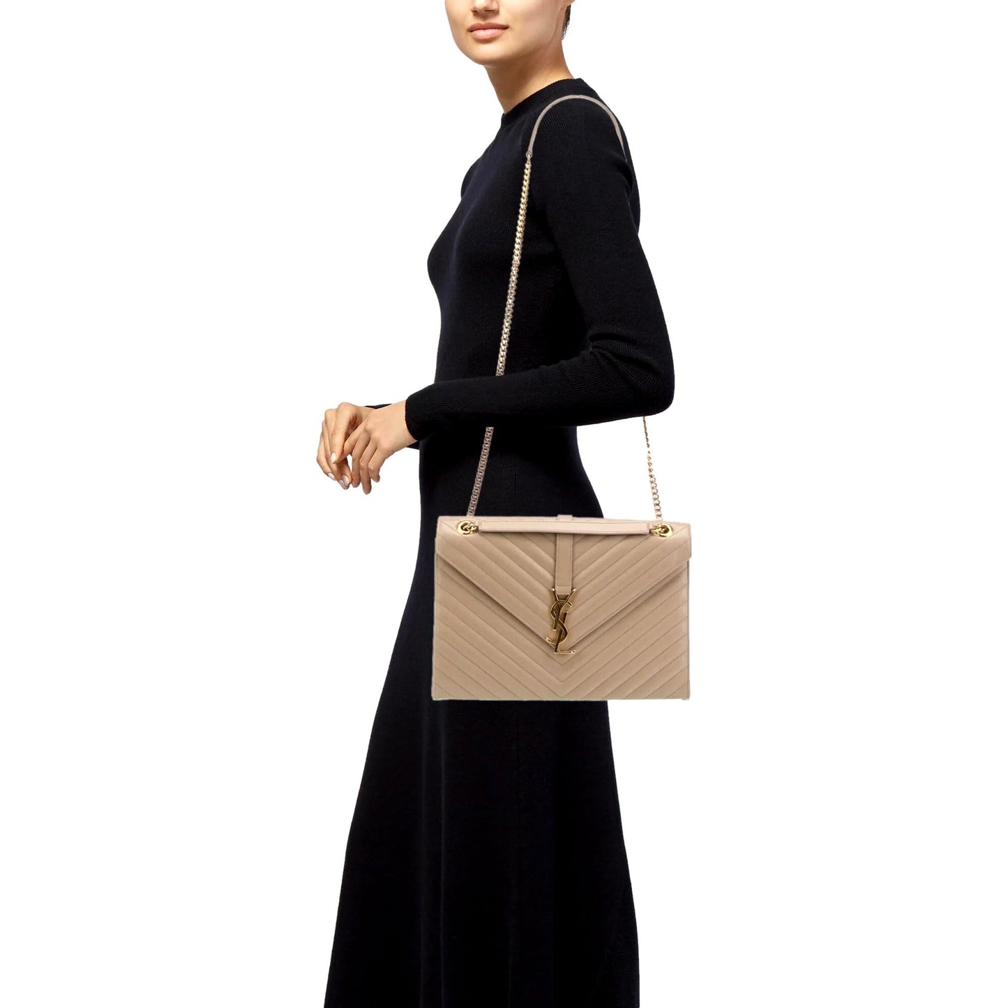 Saint Laurent Monogram Envelope Chevron Beige Large Satchel Bag