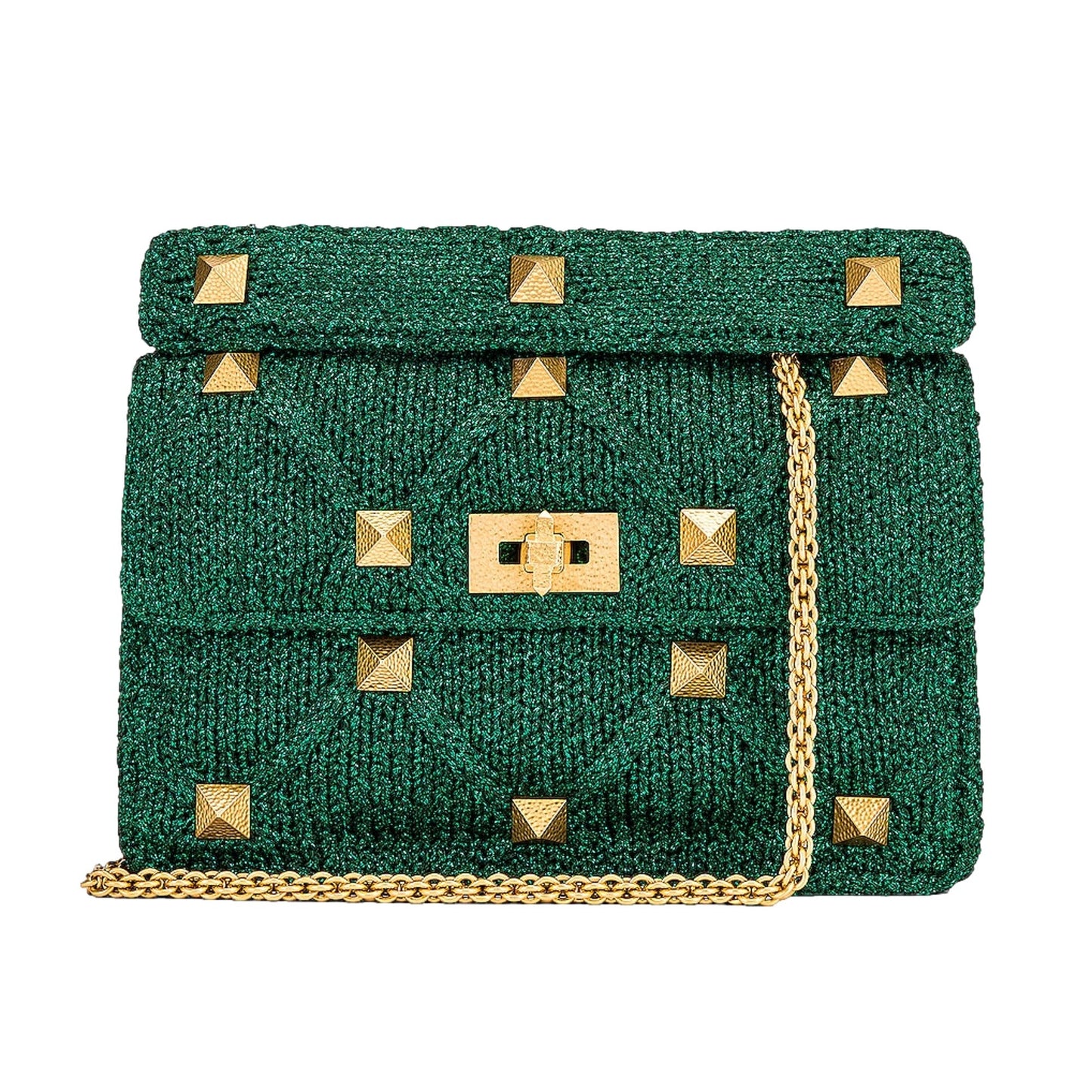 Valentino Garavani Roman Stud Large Shoulder Bag Metallic Green Lurex