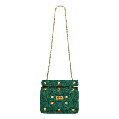 Valentino Garavani Roman Stud Large Shoulder Bag Metallic Green Lurex