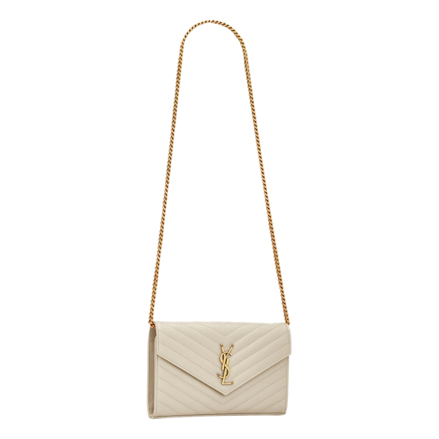 Saint Laurent Classic Cassandre Chain Wallet In Grain De Poudre Off-White Leather
