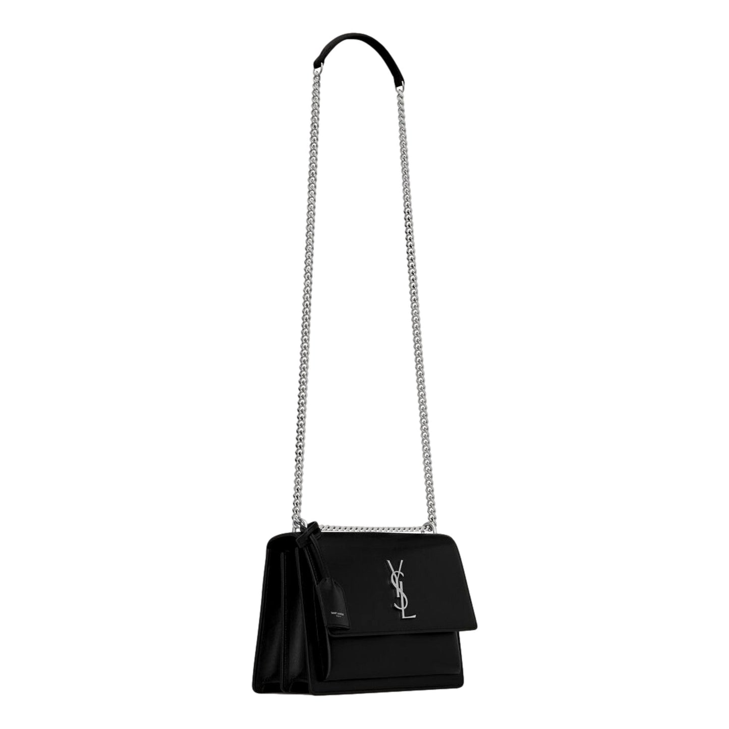 YSL Saint Laurent Sunset Black Smooth Leather Chain Strap Handbag Crossbody