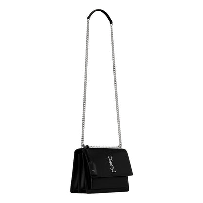 YSL Saint Laurent Sunset Black Smooth Leather Chain Strap Handbag Crossbody