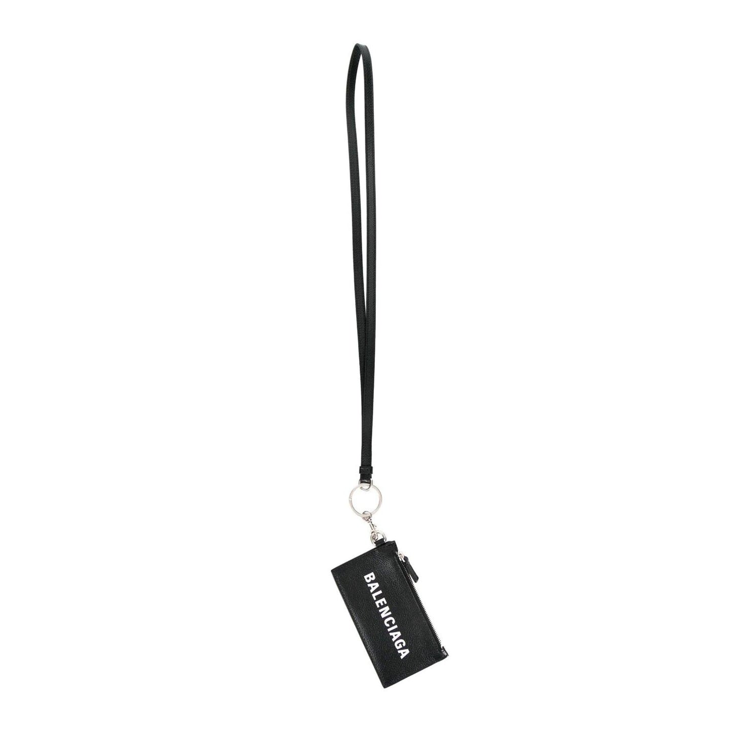 Balenciaga Cash Logo Black Grain Leather Neck Lanyard Card Holder Wallet