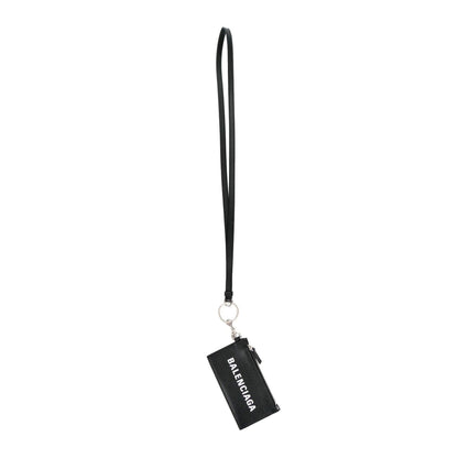 Balenciaga Cash Logo Black Grain Leather Neck Lanyard Card Holder Wallet