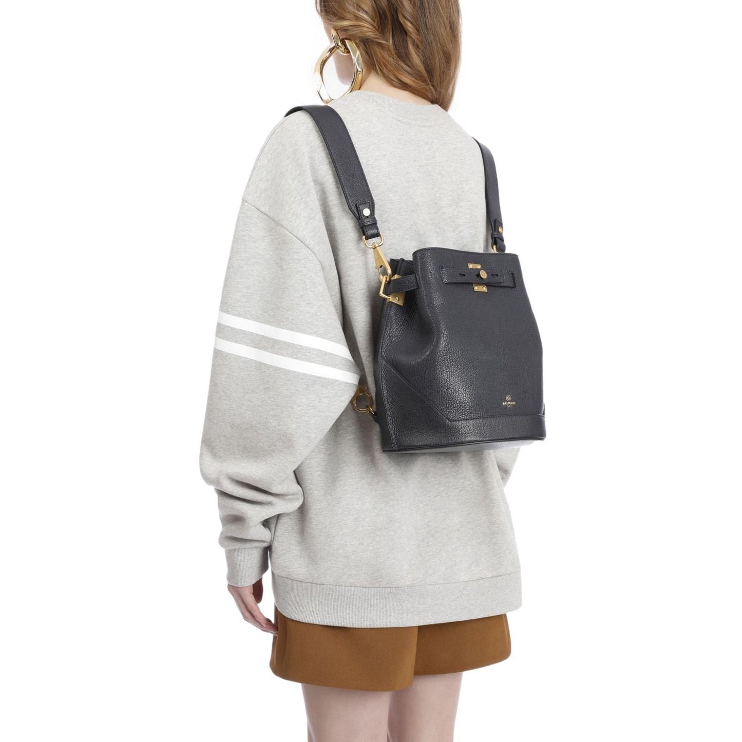 Balmain B-Belted 27 Black Goat Leather Convertible Backpack Bucket Bag