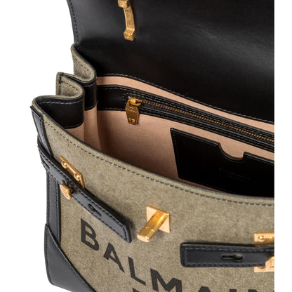 Balmain B-Buzz 23 Khaki Green Canvas Top Handle Satchel