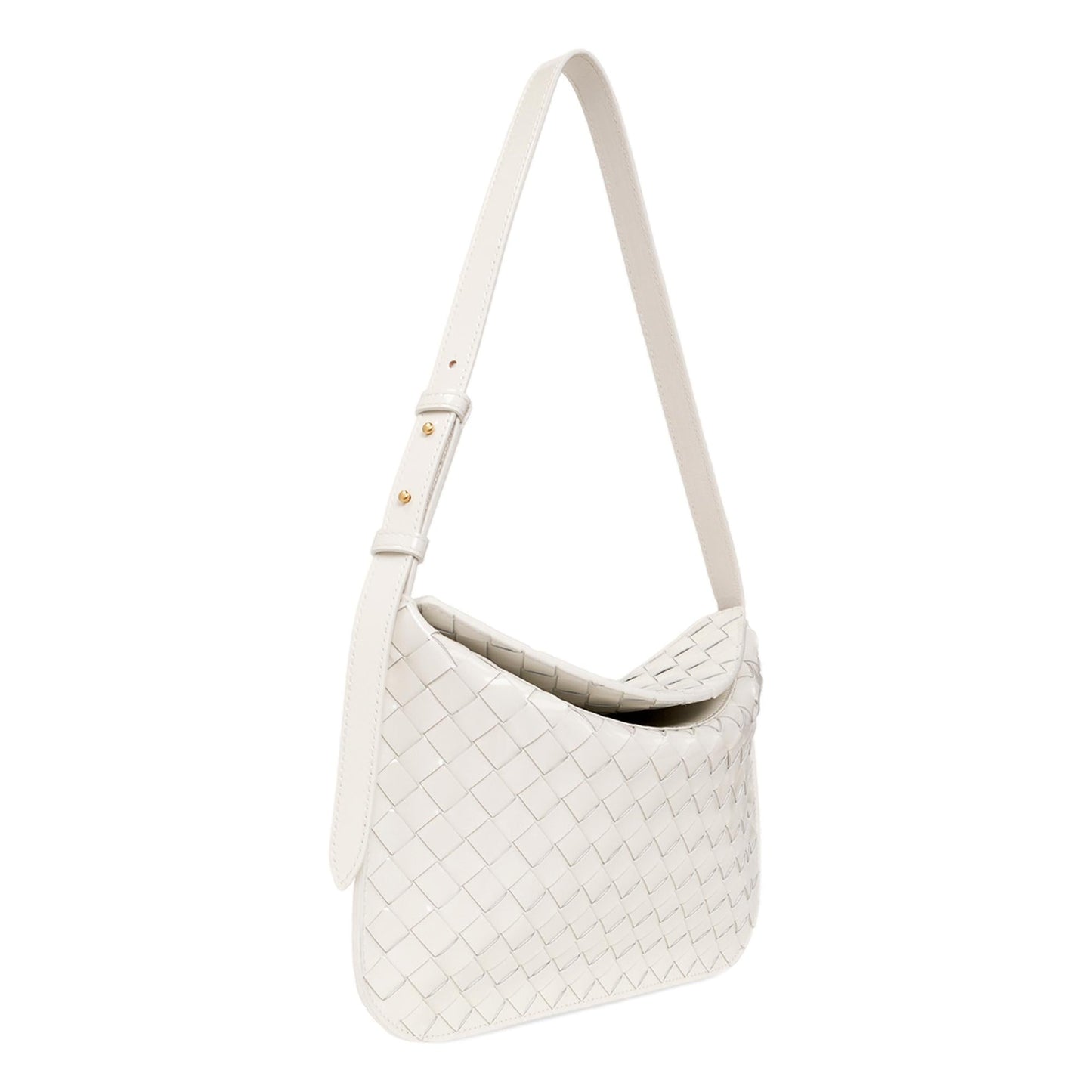 Bottega Veneta Intrecciato Patent Ivory Leather Flap Small Shoulder Bag