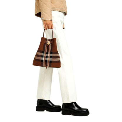 Burberry TB Dark Birch Knitted Check and Leather Small Drawstring Bucket Bag