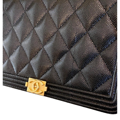 Chanel Boy Quilted Black Caviar Leather Wallet on Chain Crossbody Bag