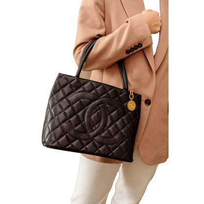 Chanel Medallion Black Caviar Quilted Leather Tote Bag