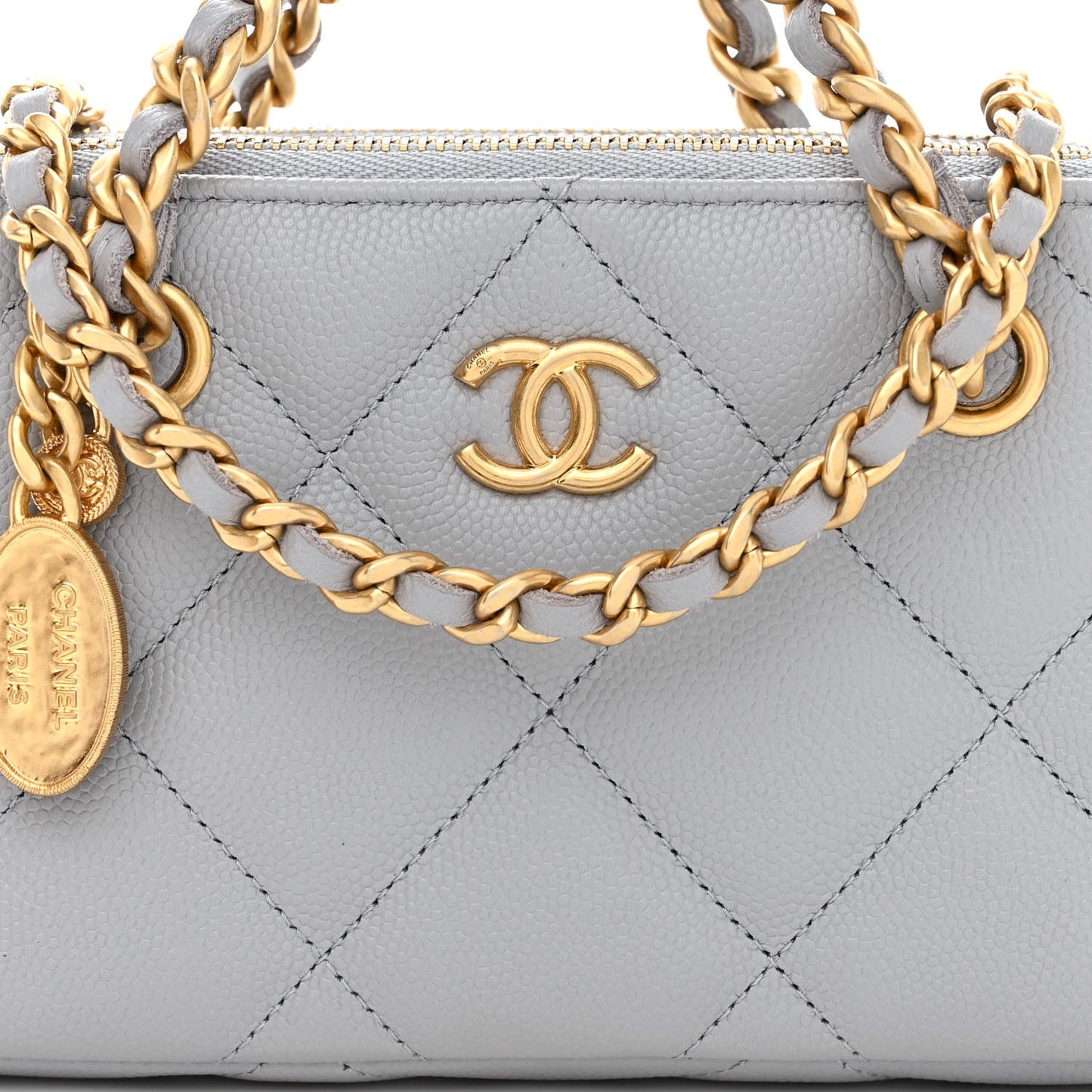 Chanel Matelasse Caviar Leather Charm Wallet on Chain Grey